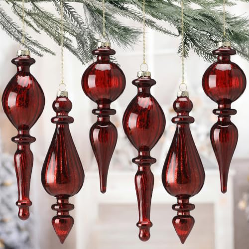 Seenelling Burgundy Crystal Glass Christmas Finial Ornaments Set of 6 - Retro Holiday Decor