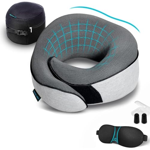 Memory Foam Travel Neck Pillow with Eye Mask & Earplugs - Grey