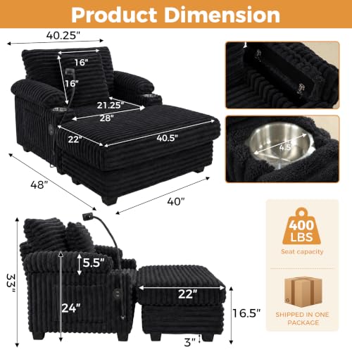 Adjustable Chaise Lounge Chair with Storage Ottoman and USB Charging Port