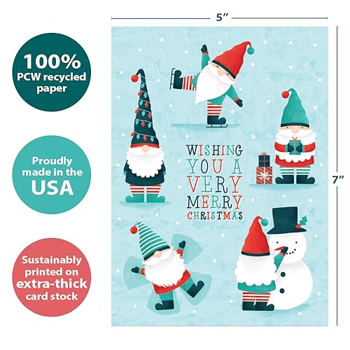 Christmas Greeting Cards with Envelopes - Festive Gnomes - 5x7 - Eco-Friendly Recycled Paper