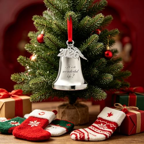 2026 Christmas Bell Ornament with Angel Wing Charm, Silver Metal Keepsake