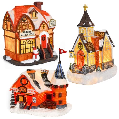 Lighted Christmas Village Sets 3 Resin Houses with LED Lights, Holiday Decor