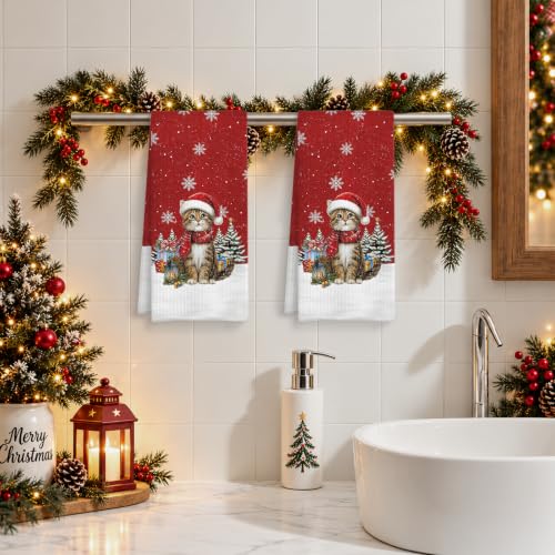 Christmas M Variant Red Cat Kitchen Dish Towels 16x24 Inches - Holiday Decor