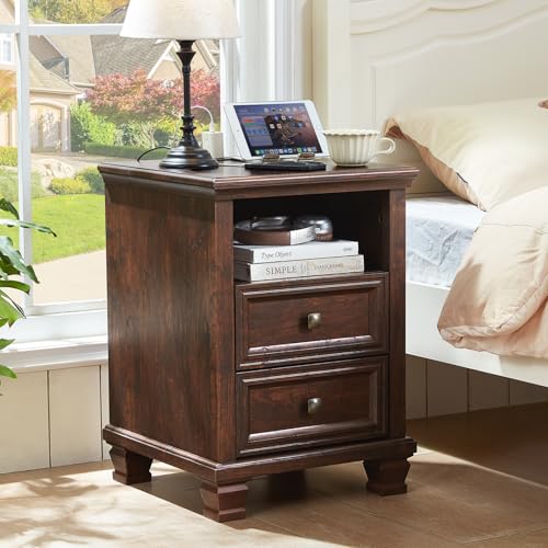Farmhouse Walnut Nightstand with Charging Station and 2 Drawers