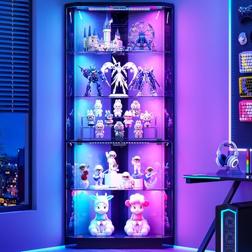 5-Tier Corner Display Cabinet with RGB Lighting and Lock, 69-Inch Tall