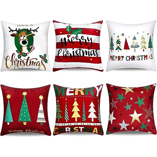 Boao 6 Pack 18x18 Inch Christmas Pillow Covers - Merry Holiday Decorations, Reindeer & Tree Designs