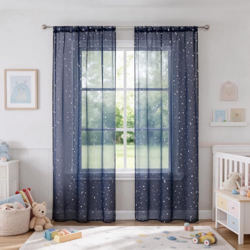 Blue & Silver Space Theme Sheer Curtains for Kids Room 39"W x 106"L, Pack of 2