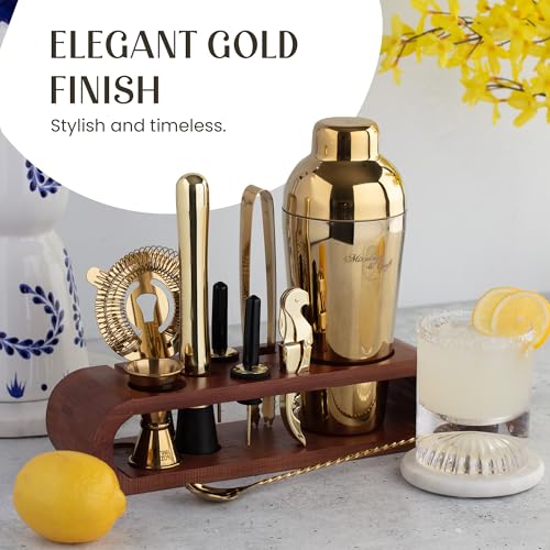 Mixology & Craft 10-Piece Cocktail Shaker Set with Bamboo Stand - Gold Bar Tool Kit