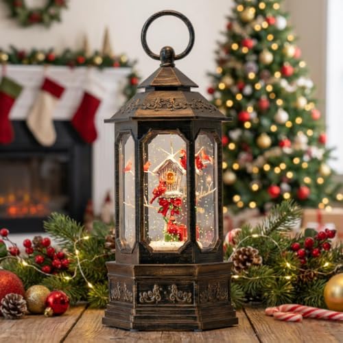 12-Inch Musical Christmas Snow Globe Lantern with Cardinals & LED Timer