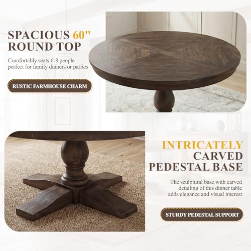 60-Inch Round Reclaimed Wood Dining Table with Pedestal Base - Farmhouse