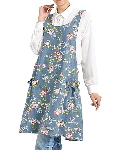 Adjustable Cross Back Apron with Pockets - Cotton Linen Kitchen Apron