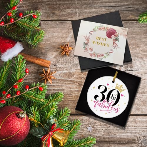REWIDPARTY 3-Inch Round Ceramic Ornament - Fabulous 30th Birthday Gold Ribbon Gift Box (Gold & White)
