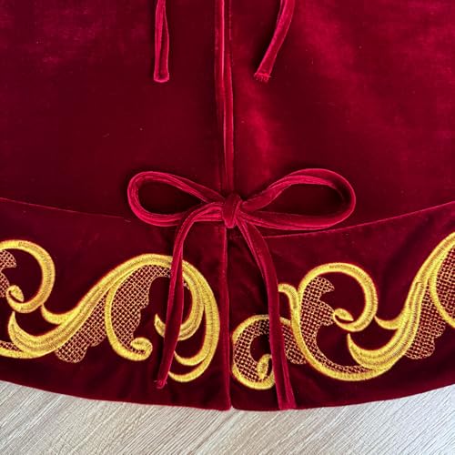 Starry Dynamo 60-Inch Burgundy Velvet Christmas Tree Skirt with Gold Swirl Embroidery