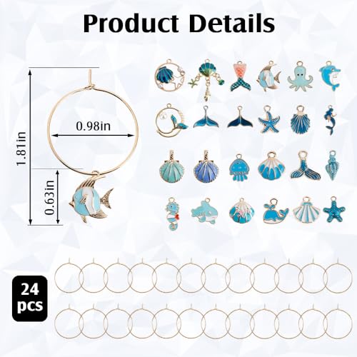 Ocean Wine Glass Charms Set - 24 PCS Stem & Champagne Glass Identifier Rings for Weddings & Parties
