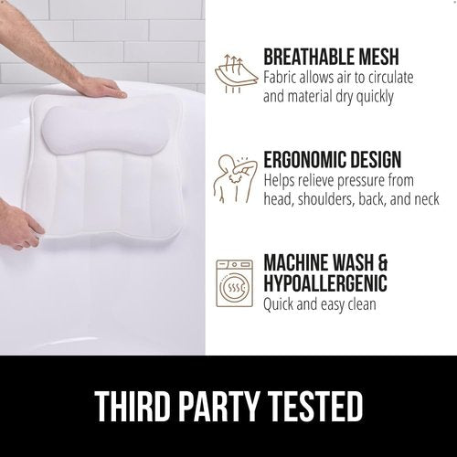 GORILLA GRIP Bath Pillow - 4D Mesh FlexComfort Headrest with 6 Strong Suction Cups | Luxury Machine Washable, White