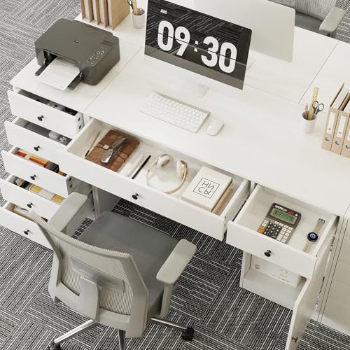 Home Office Desk and 5-Drawer Storage Cabinet Set, White Computer Workstation