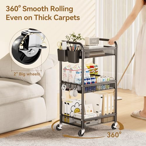 Yasonic 3-Tier Metal Rolling Utility Cart with Wheels, Black Storage Organizer with Hanging Cups and Hooks for Kitchen, Office, and Craft Room