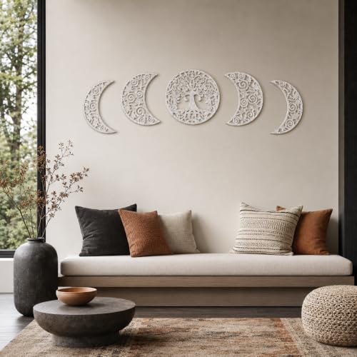 5-Piece Moon Phase Wall Art Set, 3D Hollow Carved Wooden Botanical Decor