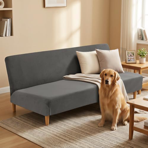 Full Size Velvet Futon Cover - Stretch Armless Sofa Protector, Gray