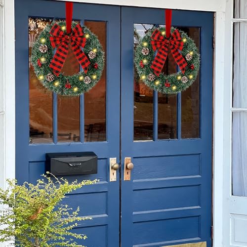 14-Inch Pre-Lit Christmas Wreaths with LED Lights & Timer, 2-Pack