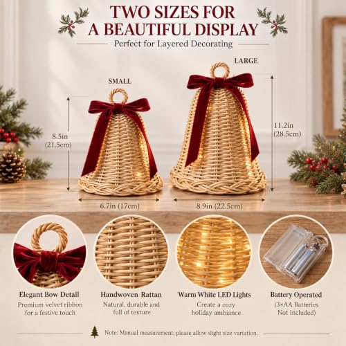 Yookeer 2 Pack Large Wicker Rattan Christmas Bell Decor with Lights - Rustic Holiday Ornaments