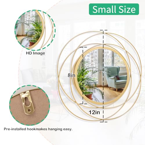 12-Inch Round Gold Wall Mirror Set - Decorative Iron Frame Wall Art (2 Pack)