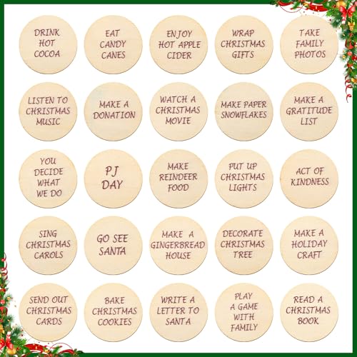 25 Pcs Wooden Advent Countdown Tokens for Christmas - Laser Engraved Tokens Set