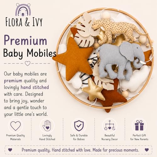 Safari Crib Mobile with Felt Gold Stars and Clouds - Gender Neutral Nursery