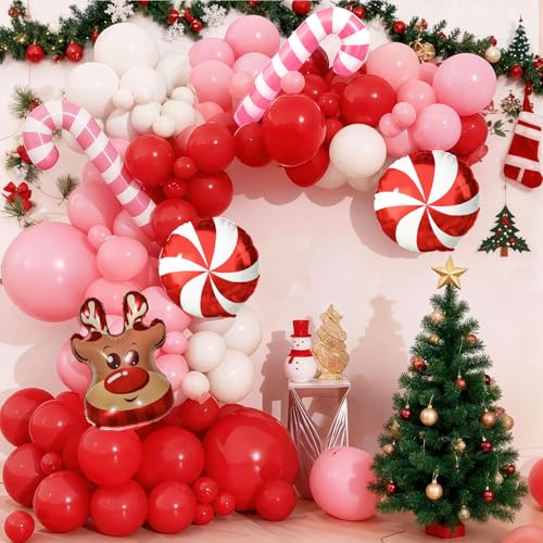 Froova Pink, Red & White Christmas Balloon Arch Kit with Reindeer & Candy Cane Foil Balloons – Includes 2 Pink, 2 Red Candy, Variety Balloons (Red/Pink/White)