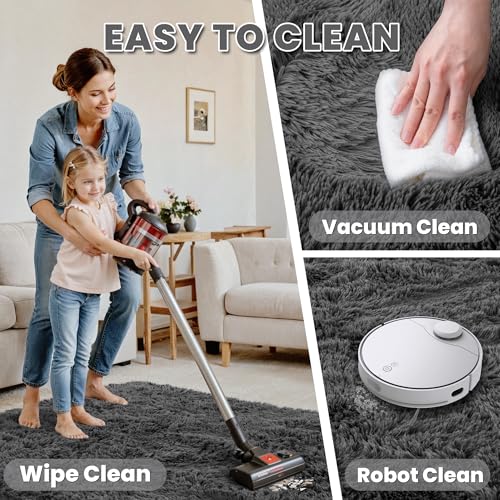 8x10 Grey Shag Area Rug, Ultra Soft Plush Carpet with Memory Foam Backing