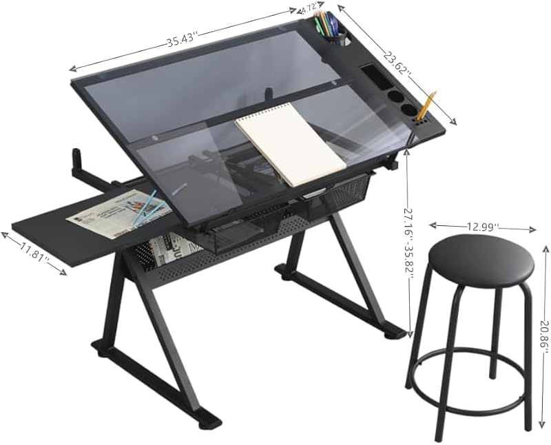 Adjustable Drafting Table with Tilting Glass Top and Storage Drawers
