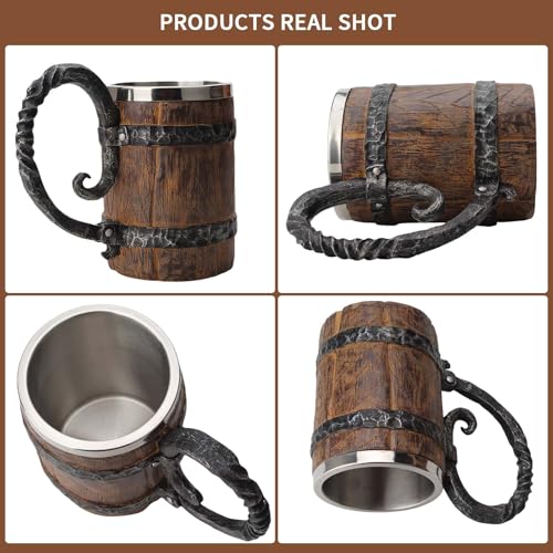 Vintage Wooden Barrel Beer Mug with Stainless Steel Liner - 18 oz Tankard