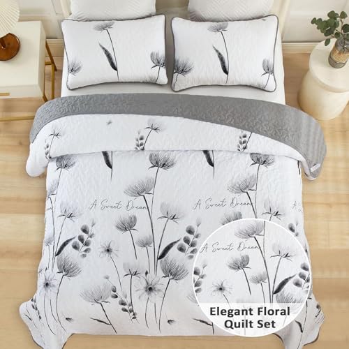 Dinjoy Floral Queen Quilt Set - 3 Piece Lightweight Microfiber Bedspread