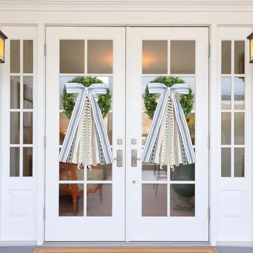 2 Pack Grayish Blue & Ivory Wreath Bows for Front Door & Tree Topper Decor