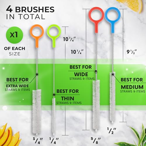 Extra Long Straw Cleaning Brush Set of 4 - Heavy Duty Bottle Cleaner