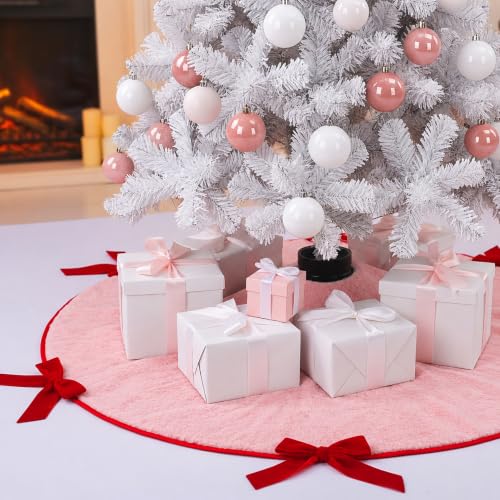 Soulchen 36 Inch Pink Christmas Tree Skirt with Red Velvet Bows