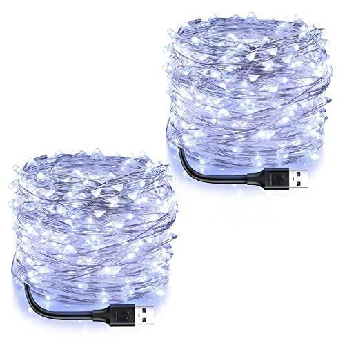 Blingstar USB Powered Fairy Lights 2 Pack 33 Ft 100 LED Cool White Silver Wire
