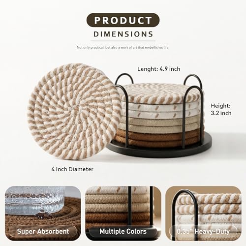 Absorbent Drink Coasters Set of 8 - 4 Inch Cotton Linen Coasters with Holder