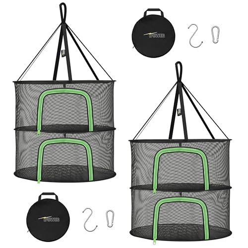 iPower Herb Drying Rack 2-Layer 2ft Hanging Mesh Net Dryer Collapsible with U-Shape Zippers, Pothook, Carabiner and Storage Bag, for Hydroponics Plants, Fruits, Seafoods, Clothes, 2 Packs