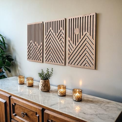 Modern Wooden Wall Sculpture Set - 3-Piece Mountain and Sun Oak Wall Art