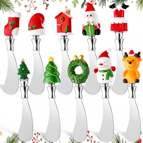Lothee 10 Pcs Christmas Cheese Spreader Set with Cartoon Resin Handle – Christmas Edition