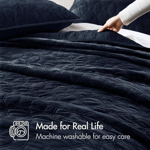 Navy King Velvet Quilt Set - Geometric Design, 3pc Bedding
