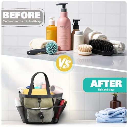 Mesh Shower Caddy Portable College Dorm Essentials with 8 Pockets Black