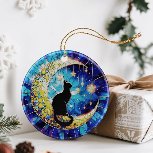 Jocidea Black Cat-moon Christmas Ornament – Ceramic Holiday Decor, Gift Boxed