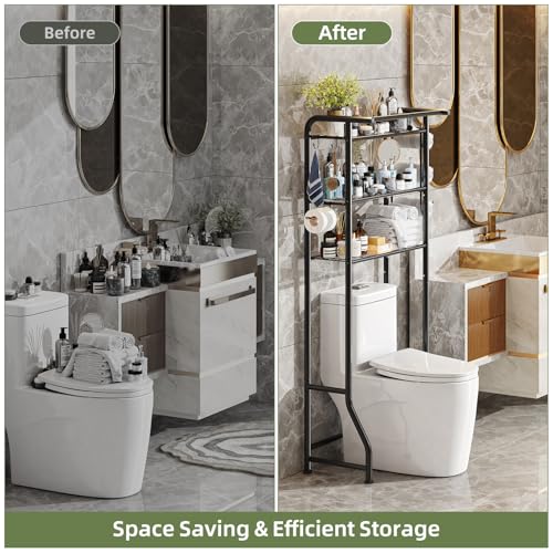 Over The Toilet Storage Cabinet - 3-Tier Metal Bathroom Shelf Organizer, Black