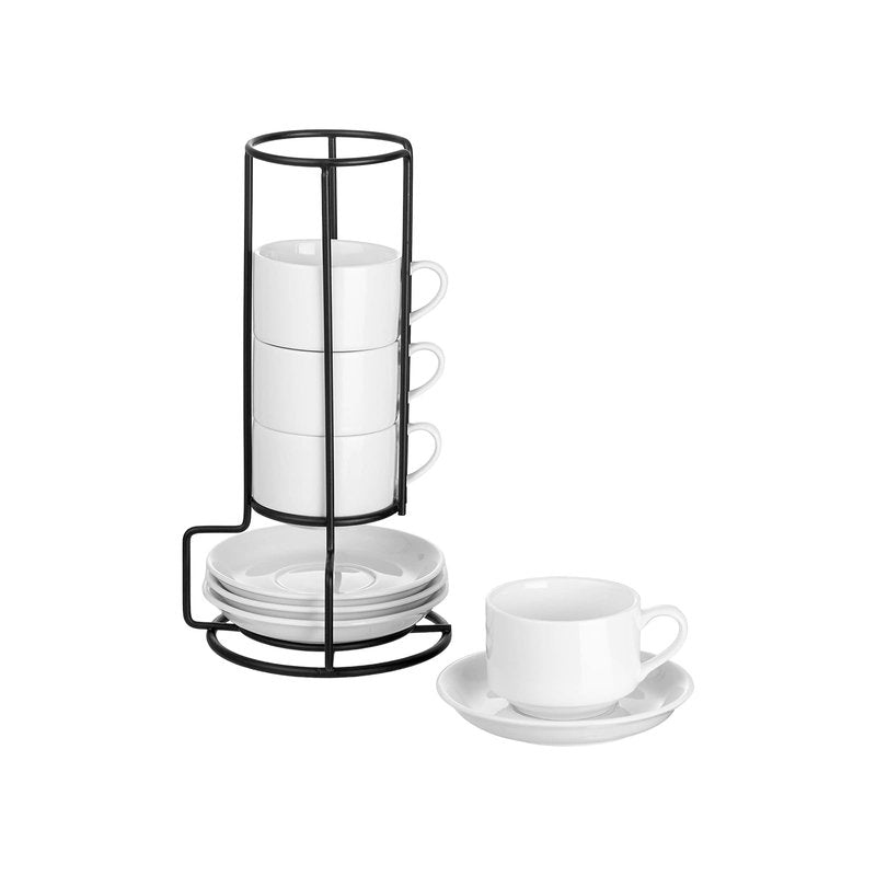 YOLIFE 2.5oz Espresso Cups Set of 4, Porcelain Stackable Espresso Cups with Saucers and Metal Stand, Expresso Shots Cup -White