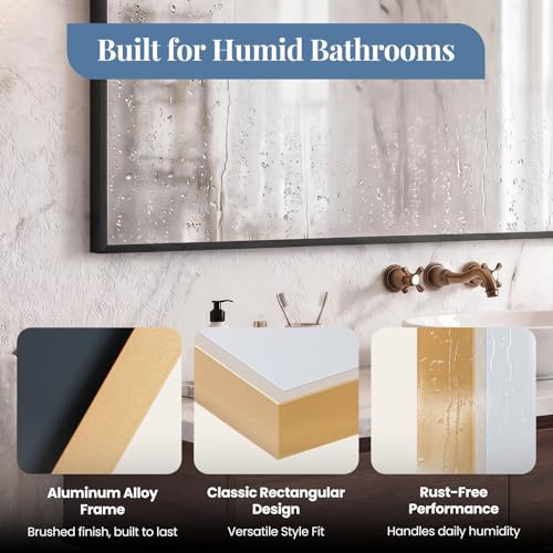 30x48 Inch Rectangular Wall Mirror, Brushed Gold Metal Frame Vanity Mirror