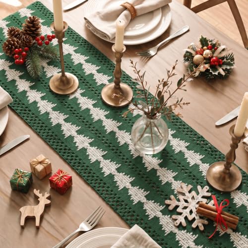 Artoid Mode 12x120 Inch Green Woven Table Runner - Beige Tree Christmas