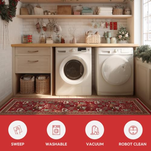 Artoid Mode 2' x 6' Red Santa Claus Deer Christmas Runner Rug – Low-Profile Non-Slip Washable Hallway Carpet