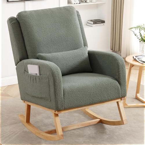 Upholstered Nursery Rocking Chair with Lumbar Pillow and Side Pockets, Green